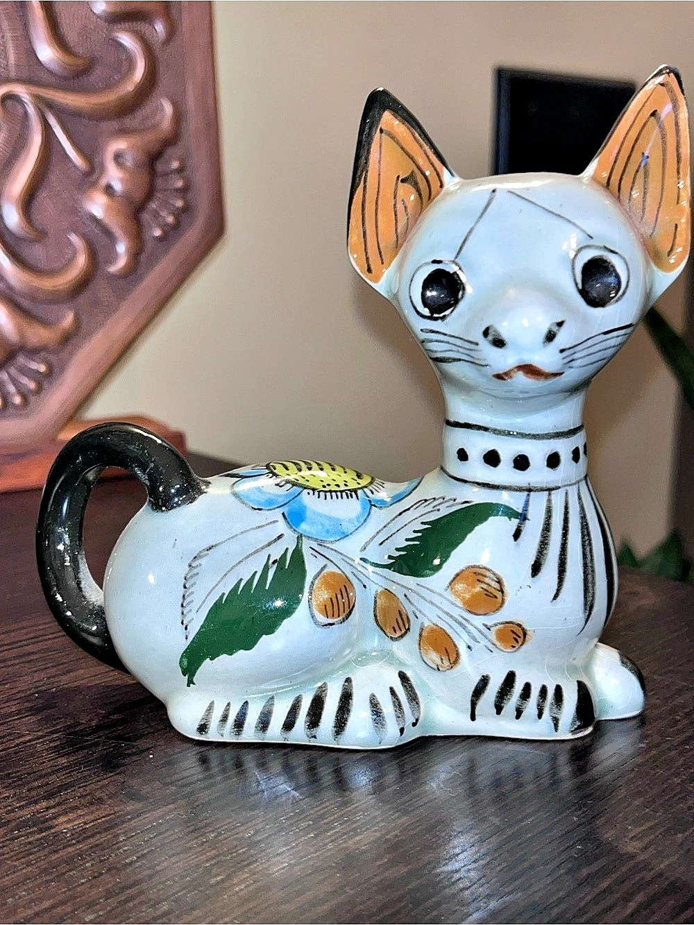 Vintage Signed Noe Suro Mexican Folk Art Pottery Cat Figurine Boho Folk Art